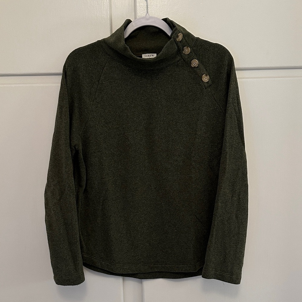 J.Crew Fleece Olive Green Button-Up Sweater Mockneck Turtleneck - Picture 1 of 3